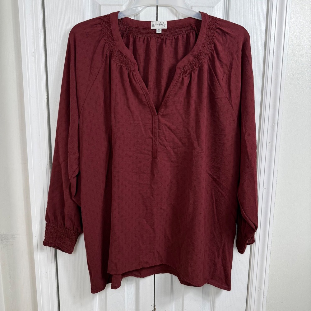 Wonderly Smocked Peasant Blouse 1X Burgundy Boho Cottagecore Split Neck Top
